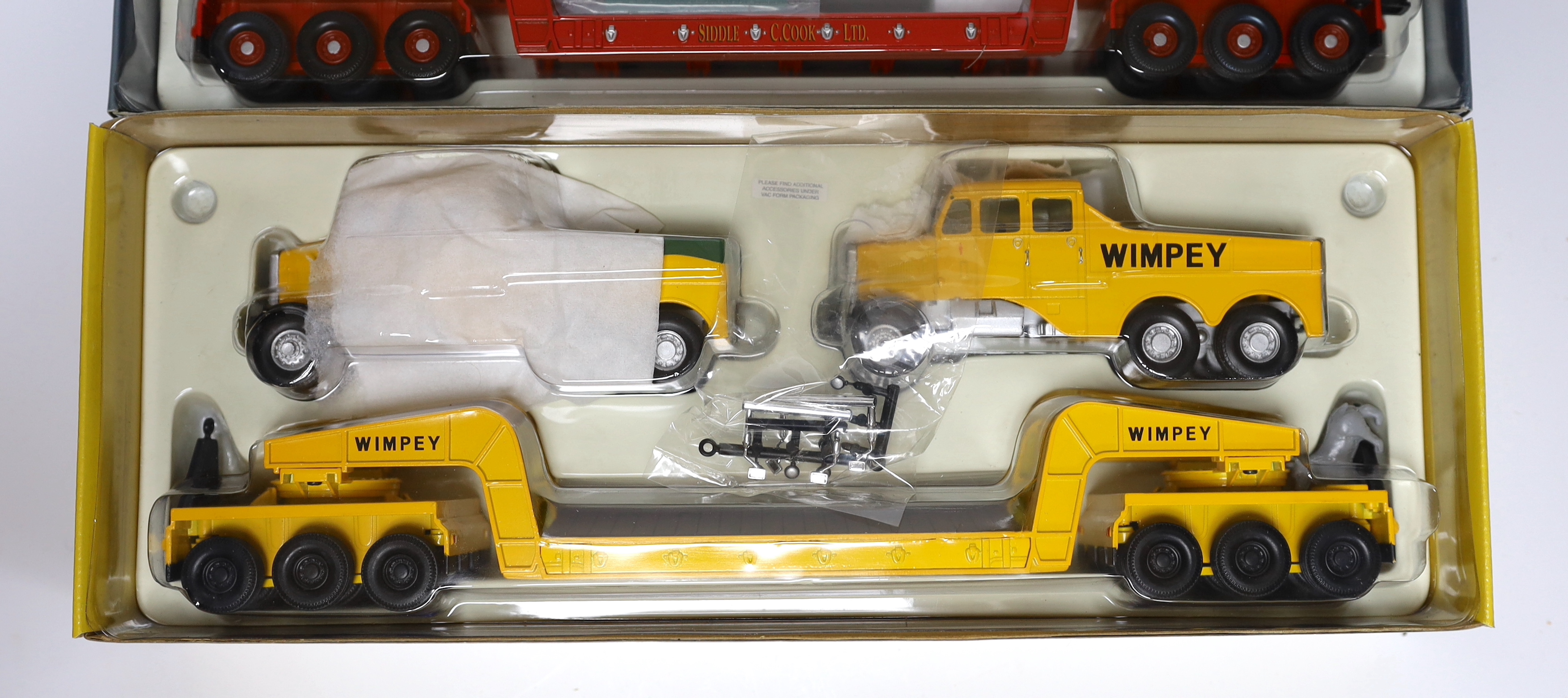 Three boxed Corgi Classics including two Heavy Haulage Scammell Constructors and low loaders (17601 and 17603) and a Building Britain Scammell two-vehicle set (17702)